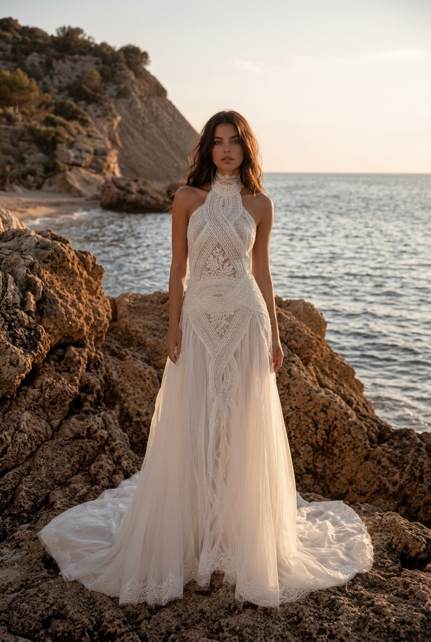 Modella indossa l'abito da sposa bohémien Mia di Yolan Cris, un modello con scollo all'americana in pizzo macramè lavorato e gonna a balze in tulle, su una scogliera al tramonto.